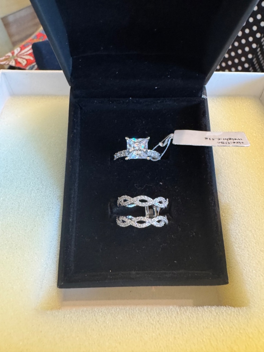 Brand new Joancee princess cut 2.5 ct with twisted, round cut cradle ring guard